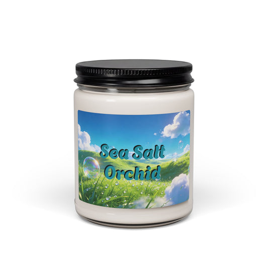 Candle jar labeled 'Sea Salt Orchid' with a scenic label on a white background