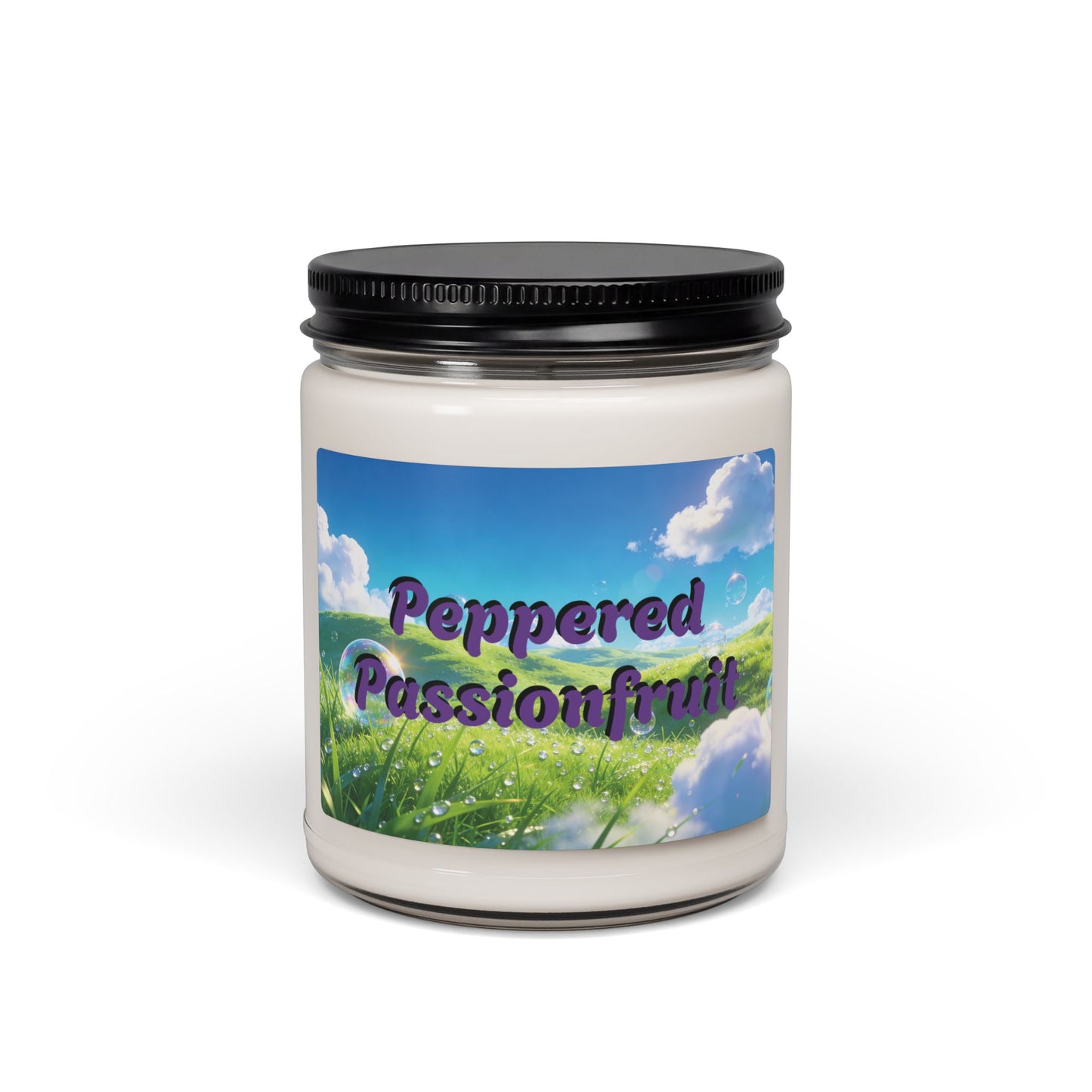 Candle jar with 'Peppered Passionfruit' label on a scenic label