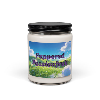 Candle jar with 'Peppered Passionfruit' label on a scenic label