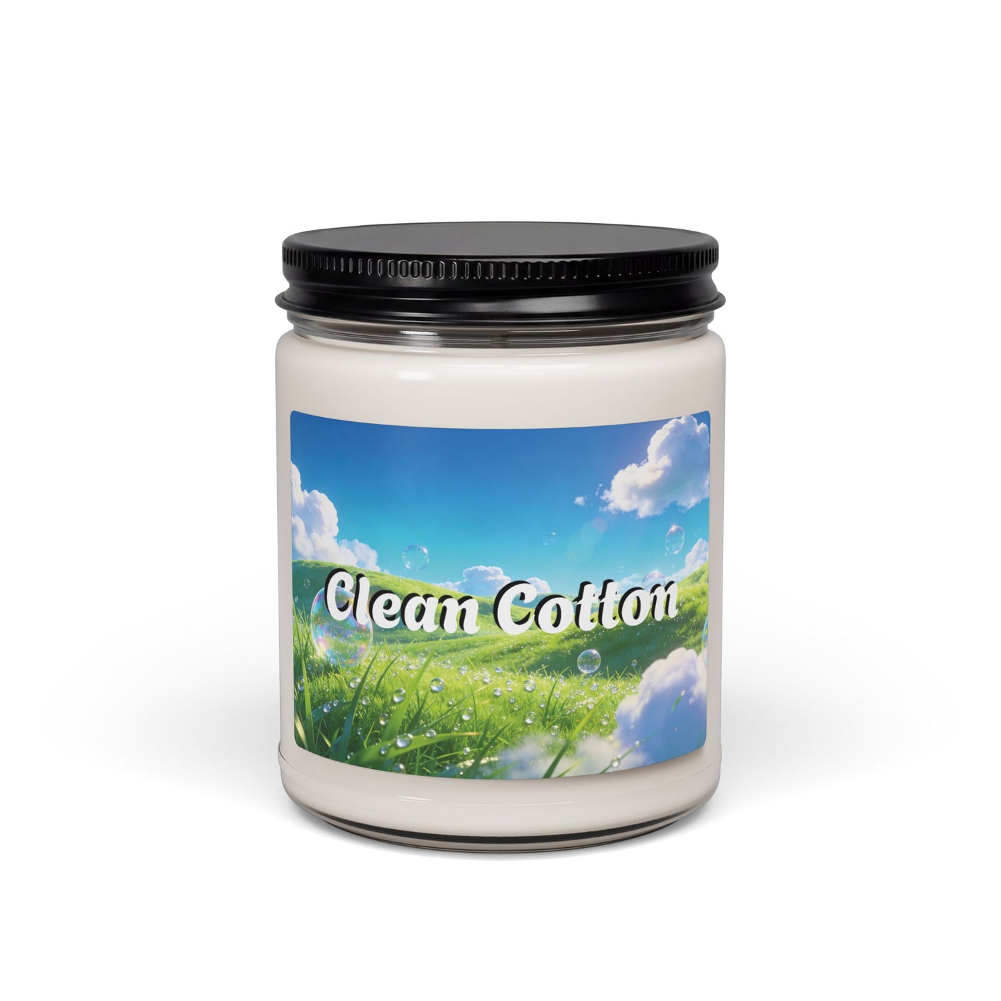 Candle jar labeled 'Clean Cotton' with a scenic label on a white background