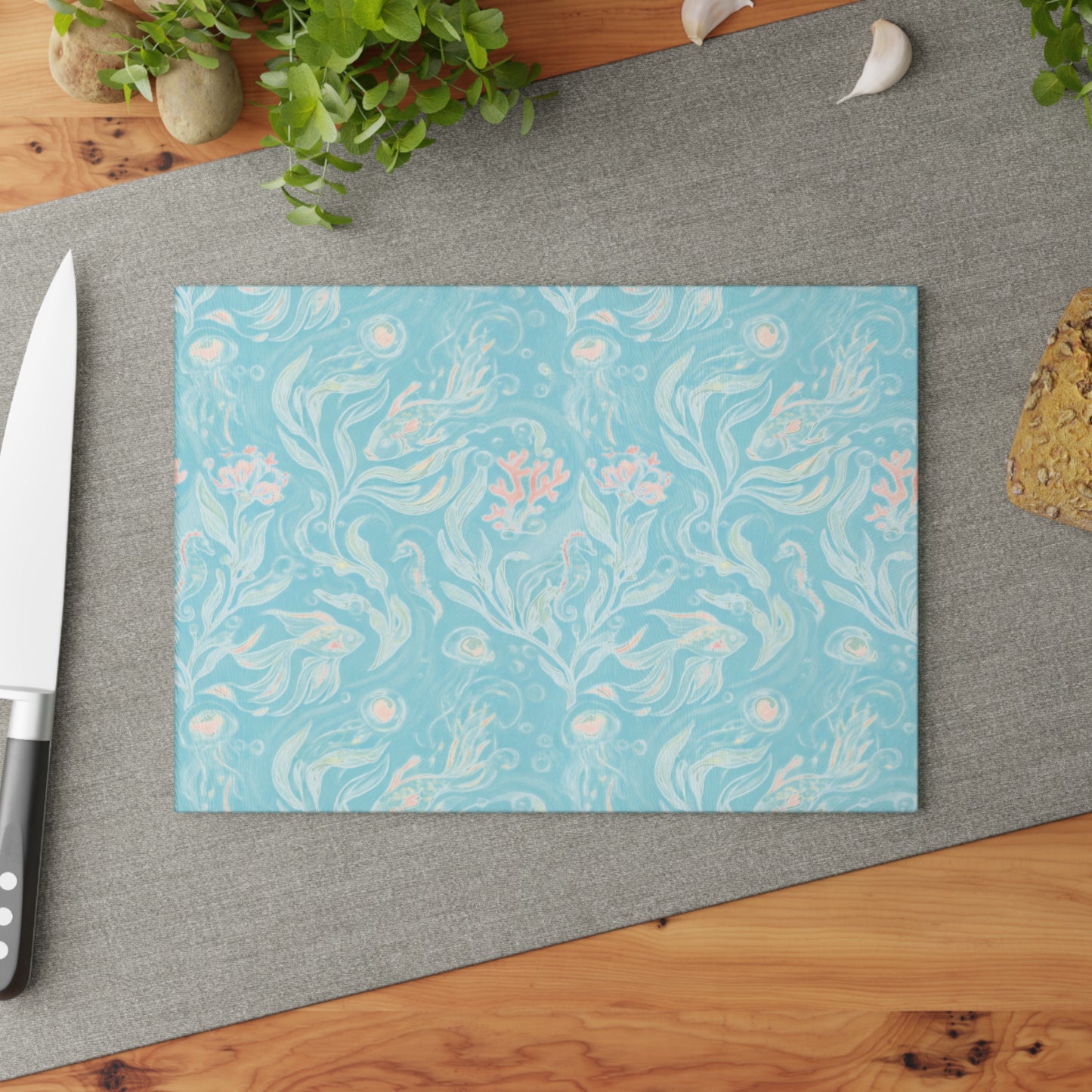 Seafoam Floral Glass Cutting Board