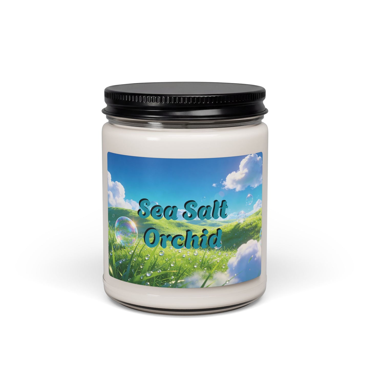 Candle jar labeled 'Sea Salt Orchid' with a scenic label on a white background