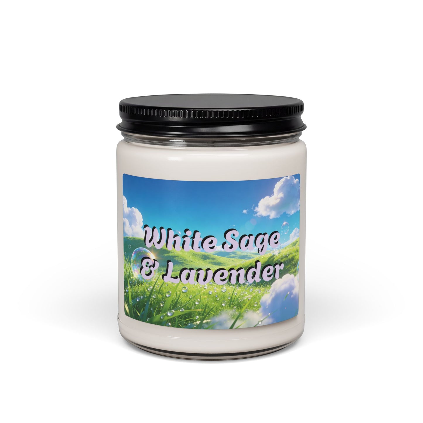 Candle jar labeled 'White Sage & Lavender' with a scenic label on a white background