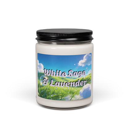 Candle jar labeled 'White Sage & Lavender' with a scenic label on a white background