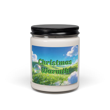 Candle jar with 'Christmas Warmth' label featuring a scenic design on a white background