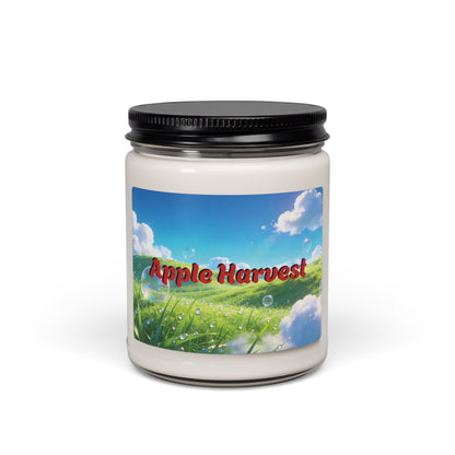 Candle jar with 'Apple Harvest' label featuring a scenic design on a white background