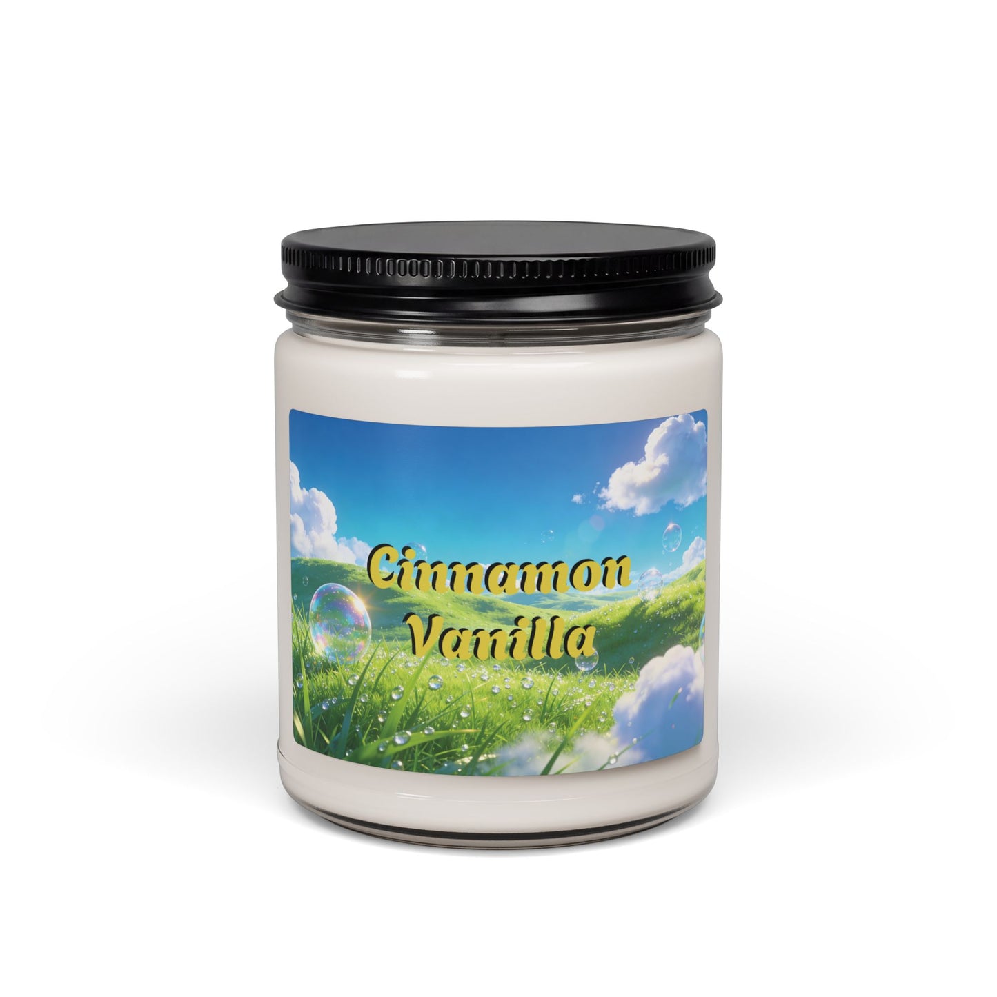 Candle jar with a scenic label and 'Cinnamon Vanilla' text on a white background