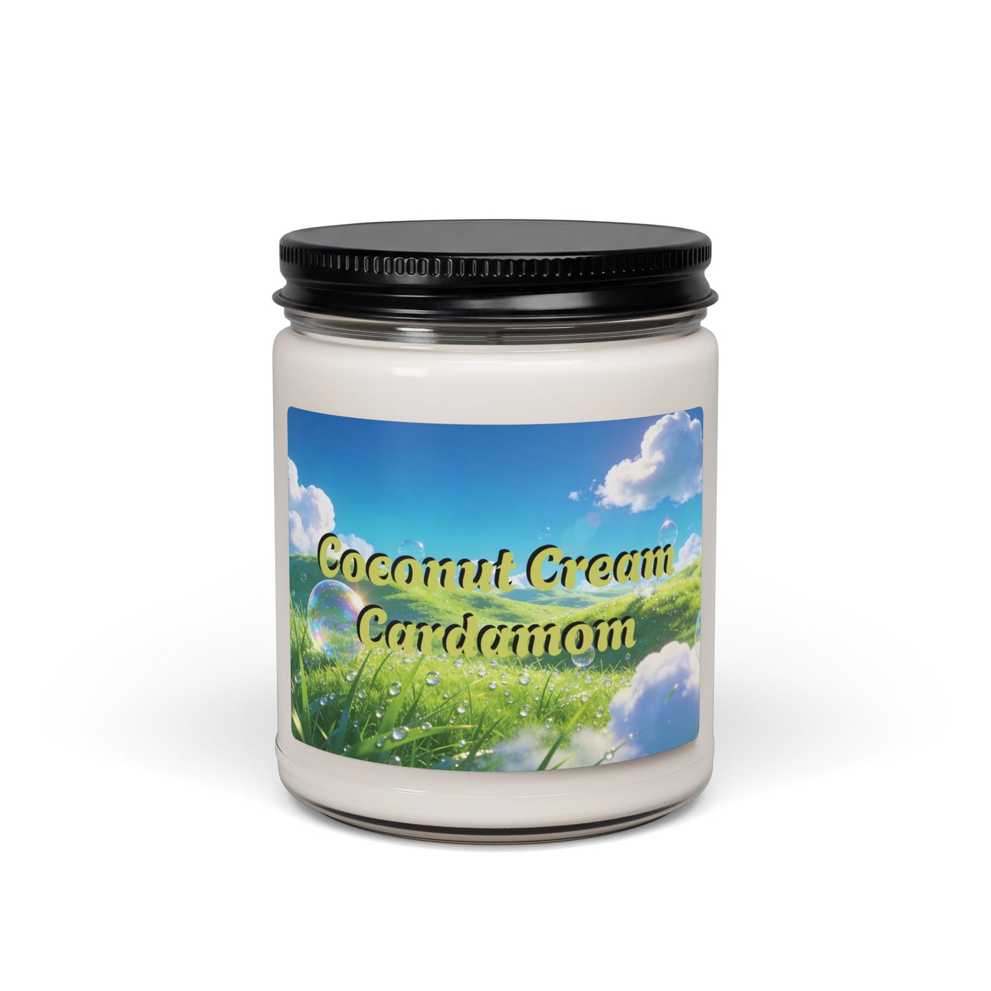 coconut cream cardamom candle with a scenic label on a white background