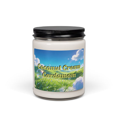 coconut cream cardamom candle with a scenic label on a white background