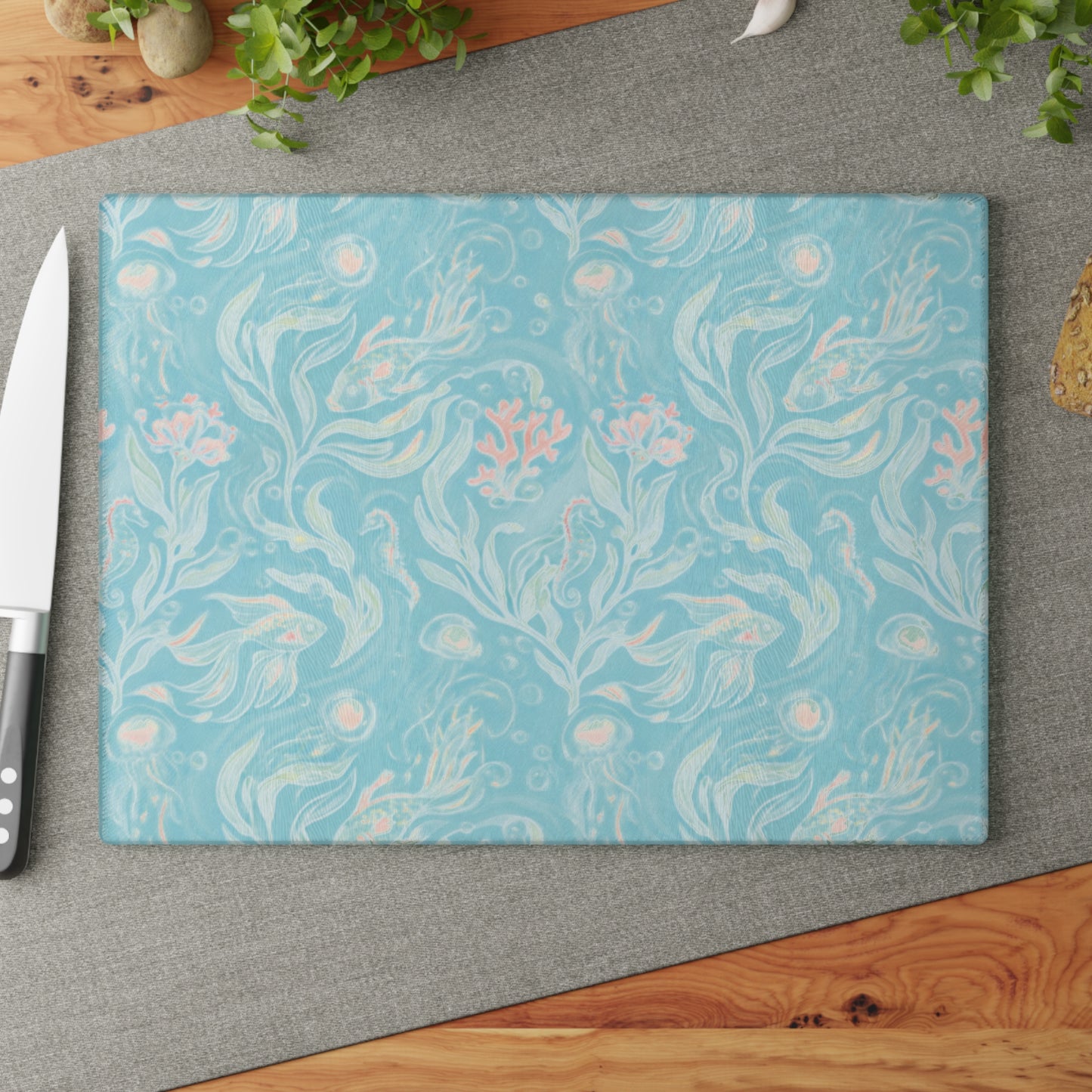 Seafoam Floral Glass Cutting Board